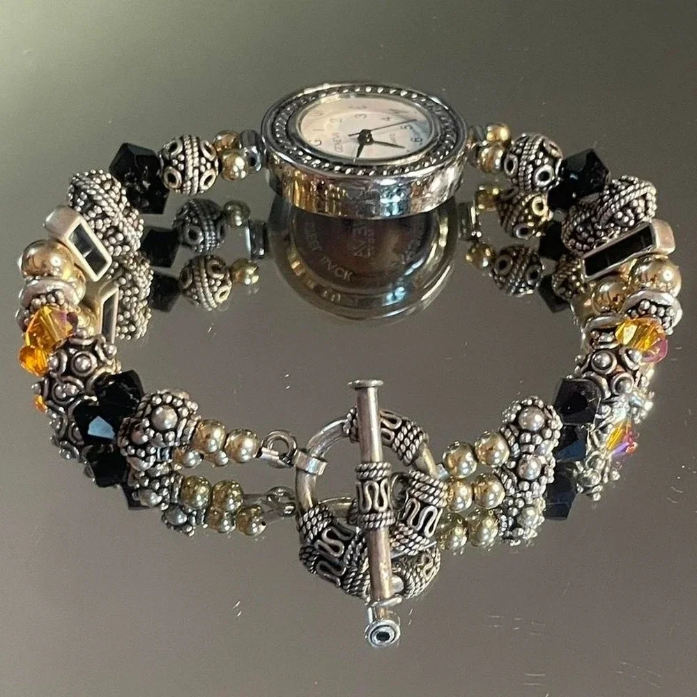 Geneva Boho Silver Gold Beaded Bracelet Watch Toggle Clasp Mixed Metal - 7.5